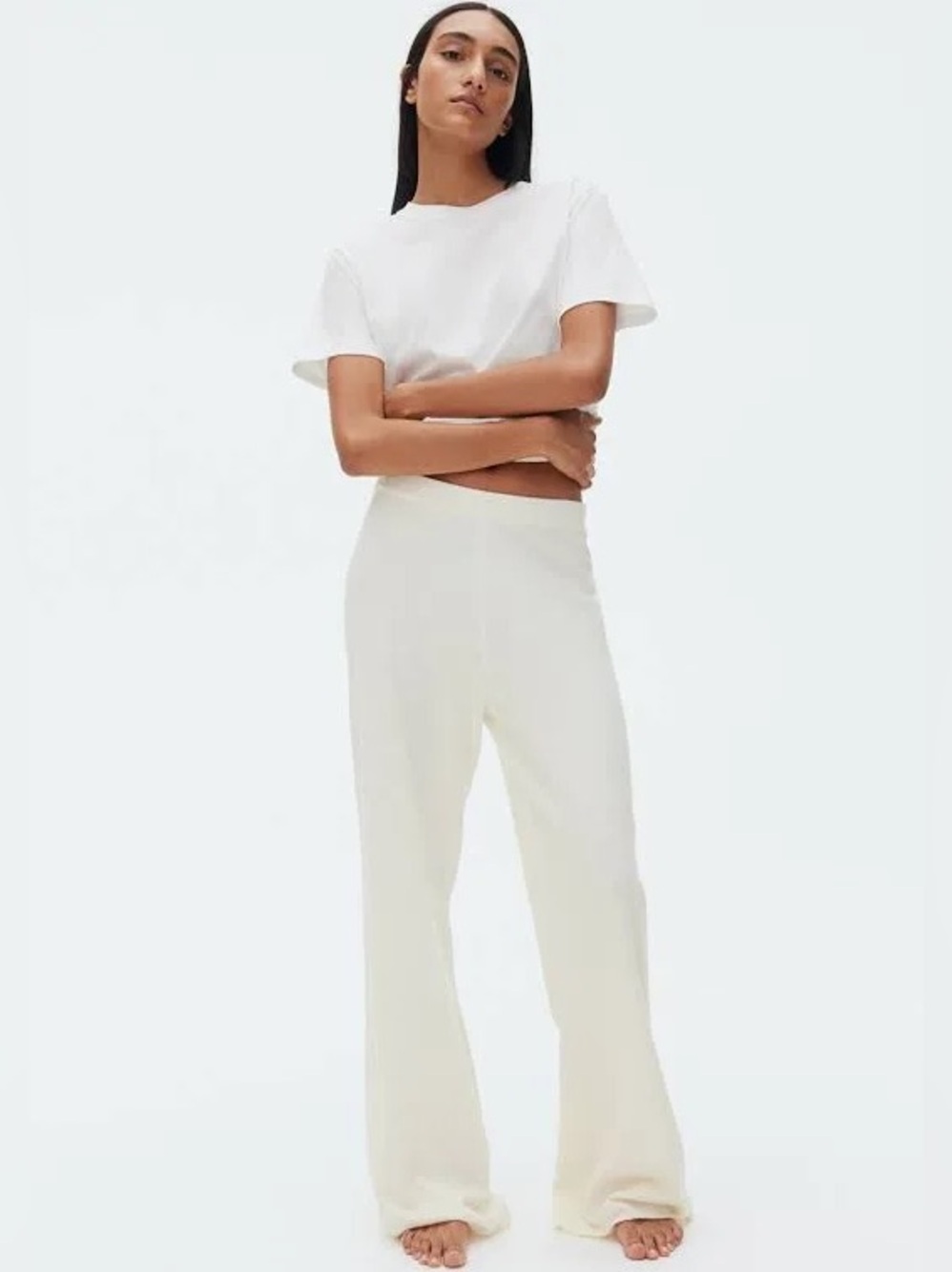 H&M Bouclé-Knit Pants Cream Wide Leg Lounge Pants Soft Knit Trousers Size L EUC